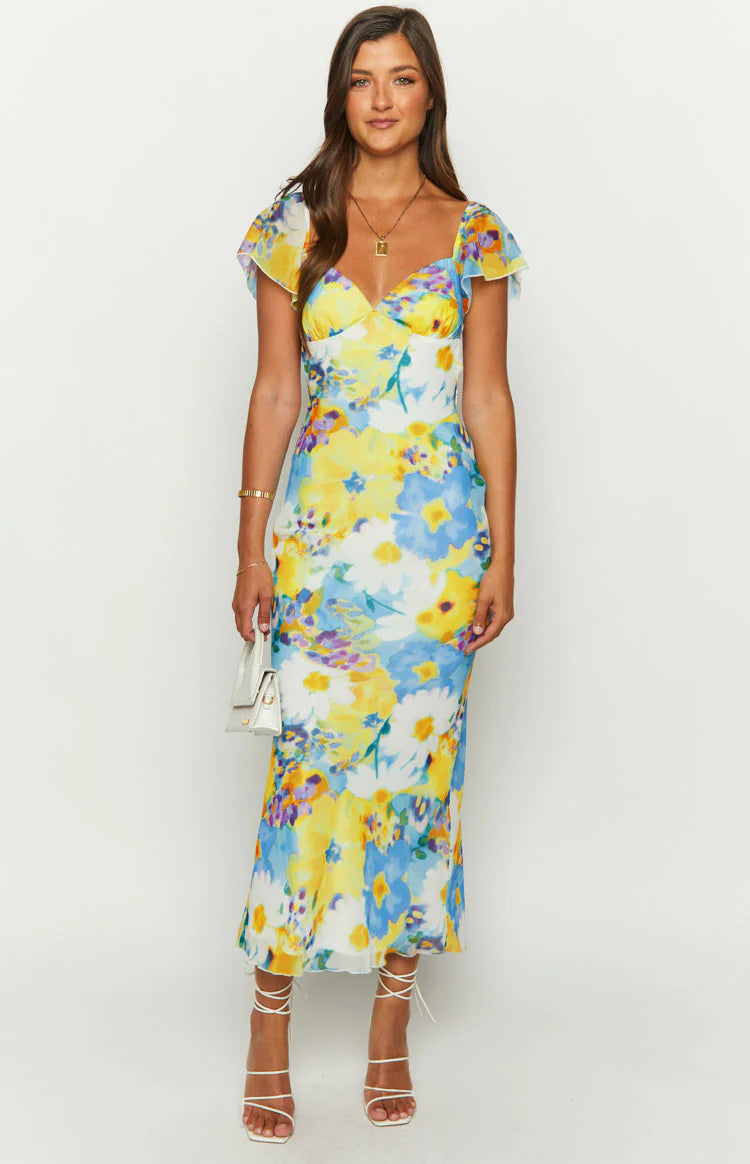 Raymi Blue Floral Chiffon Maxi Dress - US 12