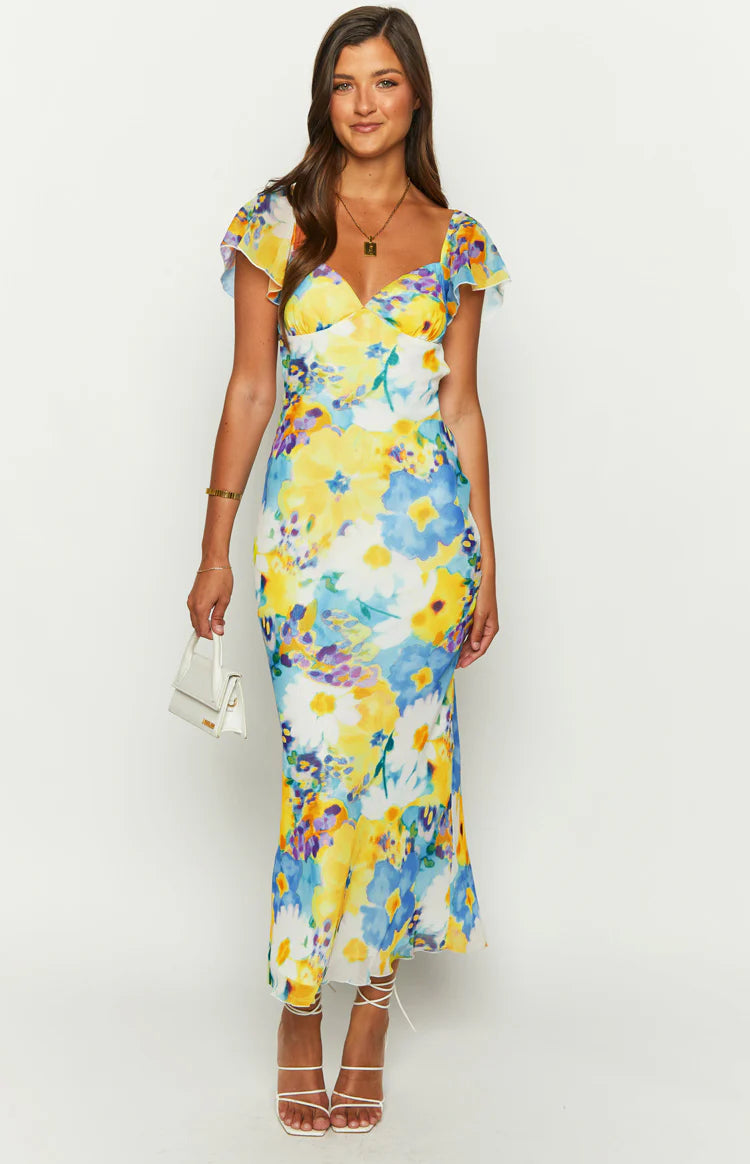 Raymi Blue Floral Chiffon Maxi Dress - US 12