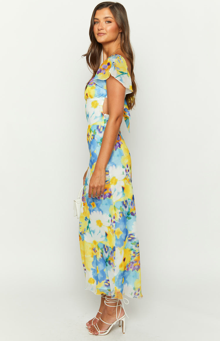 Raymi Blue Floral Chiffon Maxi Dress - US 12 | Beginning Boutique Exclusive Raymi Blue Floral Chiffon Maxi Dress - US 12 | Beginning Boutique Exclusive