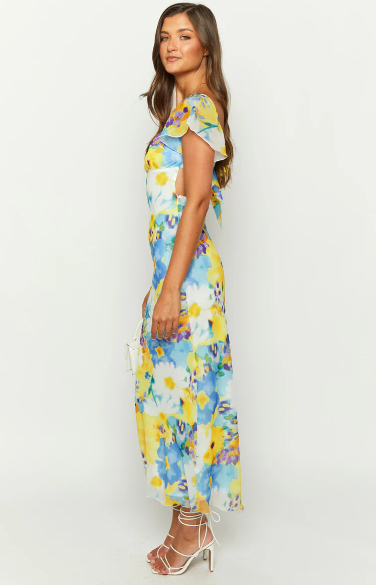 Raymi Blue Floral Chiffon Maxi Dress - US 12 | Beginning Boutique Exclusive Raymi Blue Floral Chiffon Maxi Dress - US 12 | Beginning Boutique Exclusive