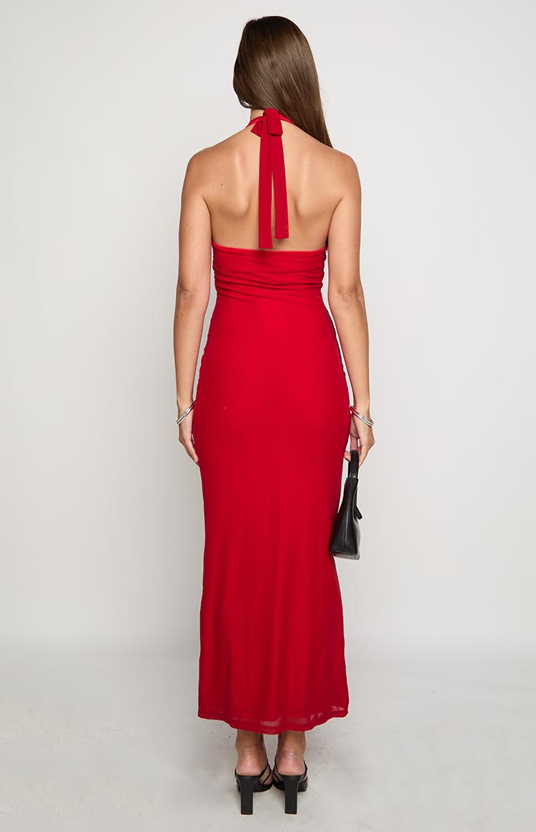 Raymin Lettering Raymin Red Halter Maxi Dress | Beginning Boutique US