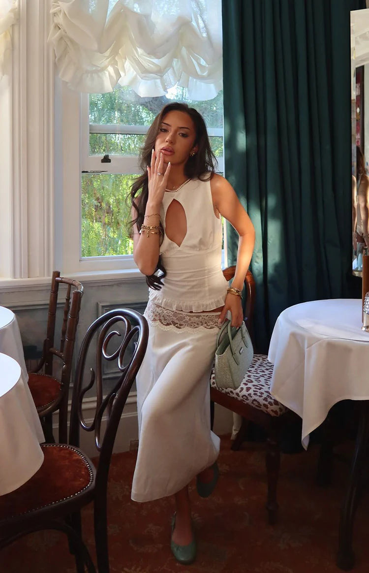 Reighn White Lace Detail Midi Skirt