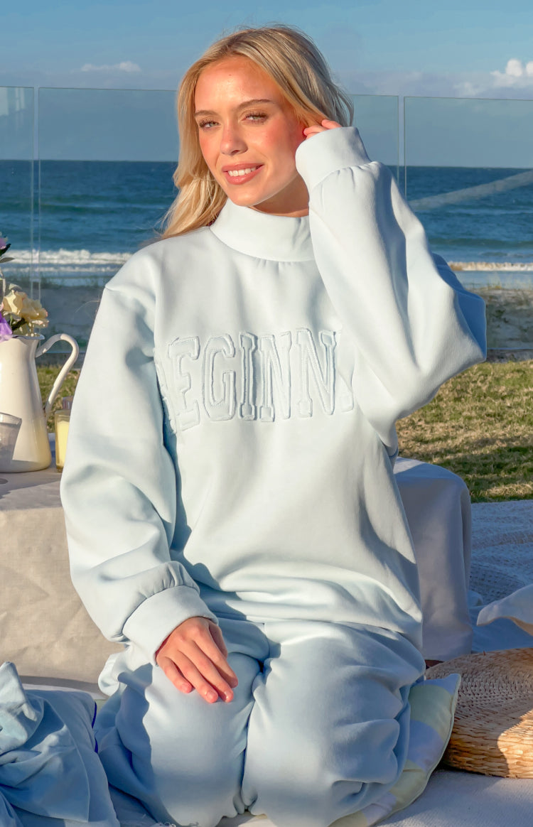 STONE  21aw スウェット ライトブルー L Remy Blue Applique Mock Neck Sweater | Beginning Boutique US