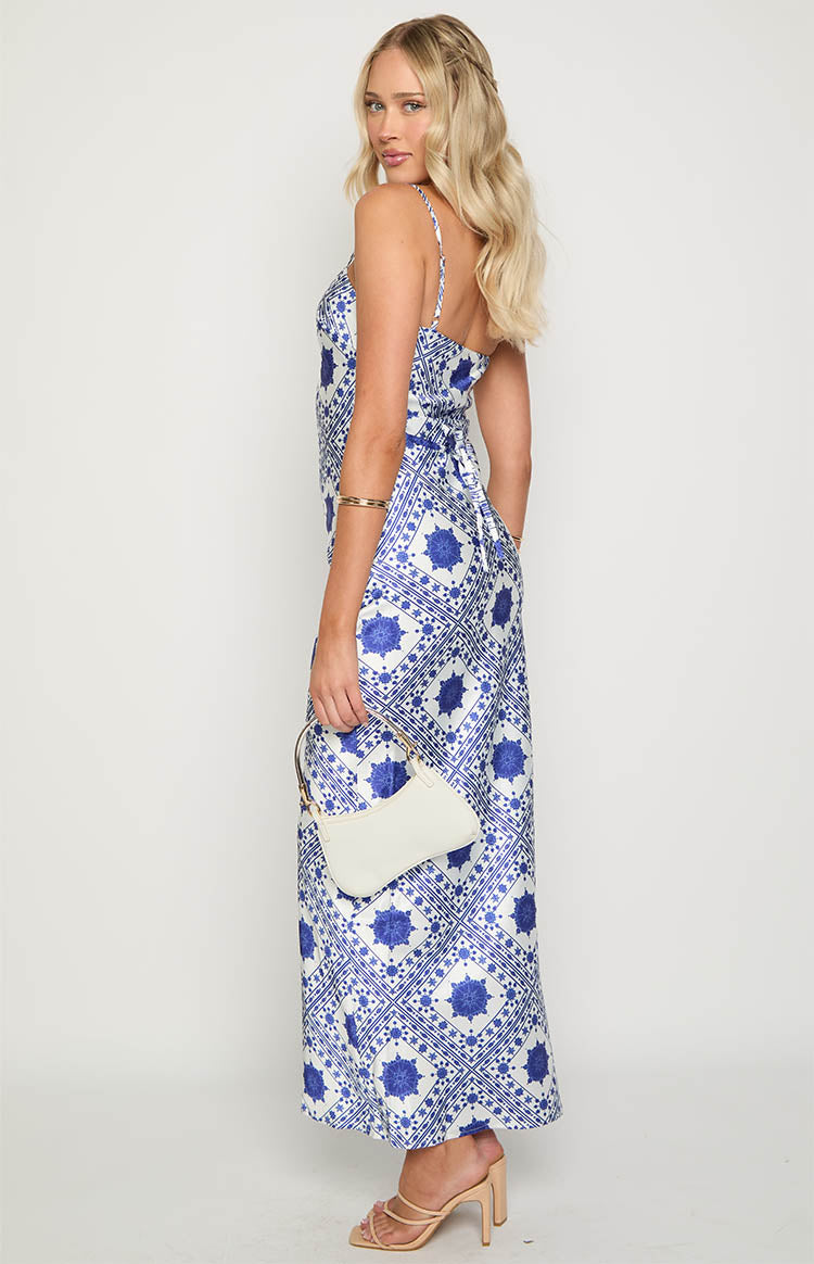 Renesmee Navy Tile Print Maxi Dress - US 8 | Beginning Boutique Exclusive Renesmee Navy Tile Print Maxi Dress - US 8 | Beginning Boutique Exclusive