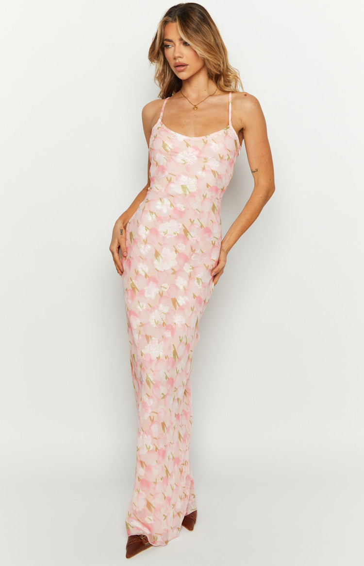 Renesmee Pink Floral Chiffon Maxi Dress - US 12 | Beginning Boutique exclusive Renesmee Pink Floral Chiffon Maxi Dress - US 12 | Beginning Boutique exclusive