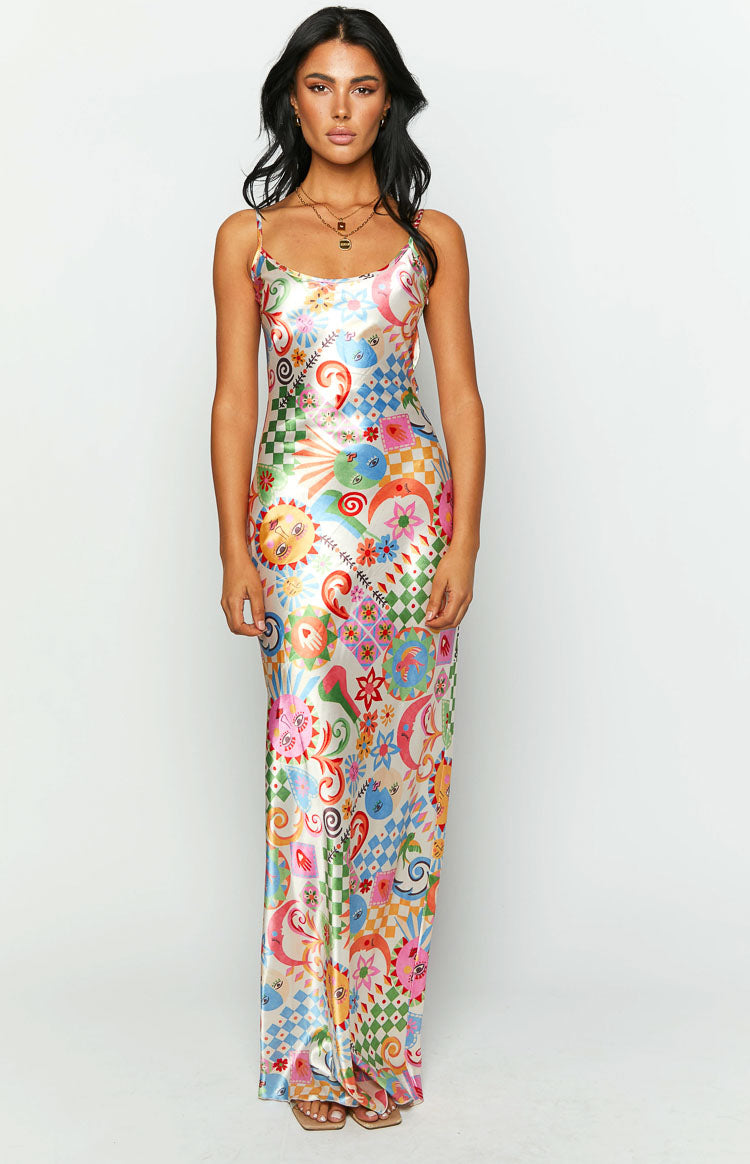 Renesmee Satin Summer Print Maxi Dress - US 18 | Beginning Boutique Exclusive Renesmee Satin Summer Print Maxi Dress - US 18 | Beginning Boutique Exclusive