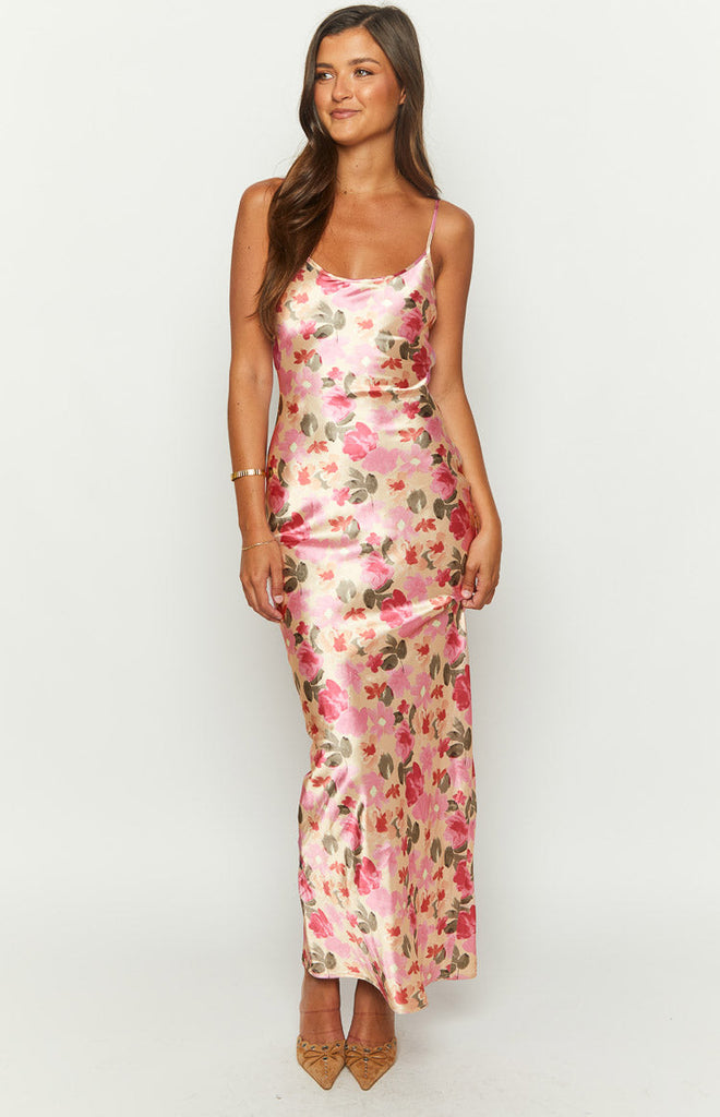 Renesmee Yellow Floral Print Satin Maxi Dress – Beginning Boutique US