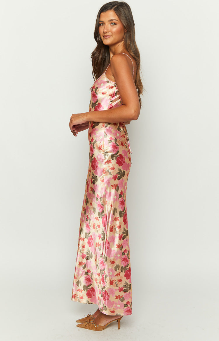 Renesmee Yellow Floral Print Satin Maxi Dress - US 14 | Beginning Boutique exclusive Renesmee Yellow Floral Print Satin Maxi Dress - US 14 | Beginning Boutique exclusive