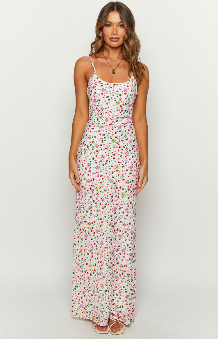 Renesmee White Floral Satin Maxi Dress - US 14 | Beginning Boutique Exclusive Renesmee White Floral Satin Maxi Dress - US 14 | Beginning Boutique Exclusive