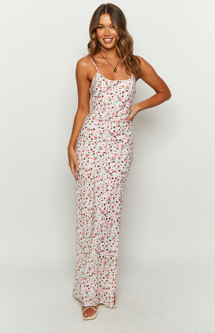 Renesmee White Floral Satin Maxi Dress - US 14 Renesmee White Floral Satin Maxi Dress - US 14