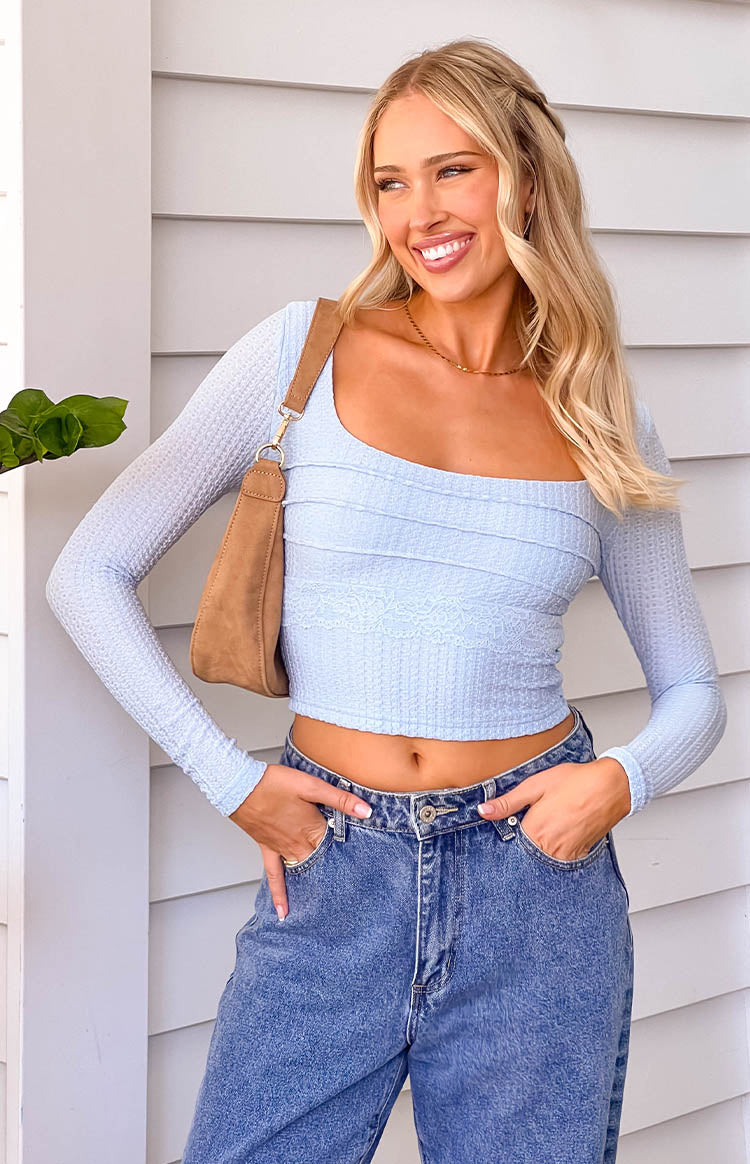 Beginning Boutique Vida Light Blue Long Sleeve Top light blue waffle knit square neck long sleeve crop top with pintuck details