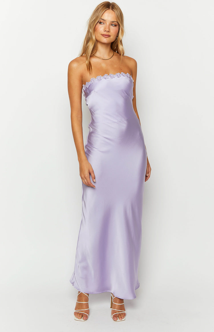 Front view of a purple satin strapless maxi dress with delicate floral lace trim along the neckline