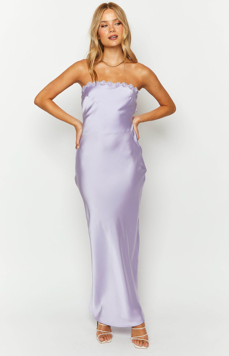 Full length front view of a purple satin strapless maxi dress with floral lace trim on the bust