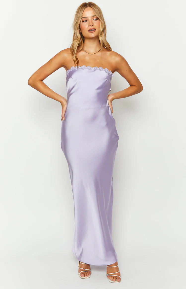 Rhea Purple Satin Strapless Maxi Dress - US 14 | Beginning Boutique Exclusive Rhea Purple Satin Strapless Maxi Dress - US 14 | Beginning Boutique Exclusive