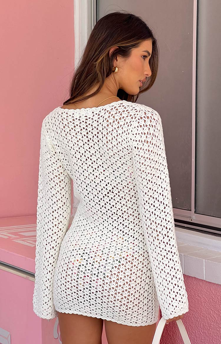 RHI Cream Crochet Long Sleeve Mini Dress - US 6 | Beginning Boutique exclusive RHI Cream Crochet Long Sleeve Mini Dress - US 6 | Beginning Boutique exclusive