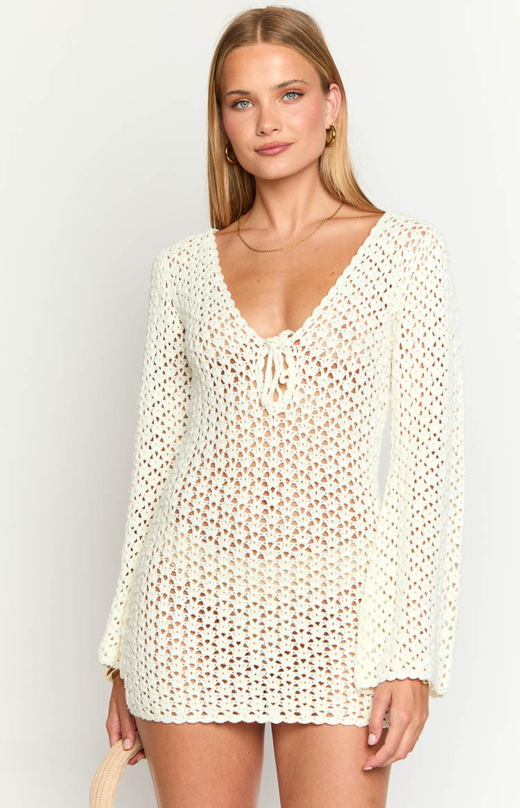 Rhi Cream Crochet Long Sleeve Mini Dress | Beginning Boutique US