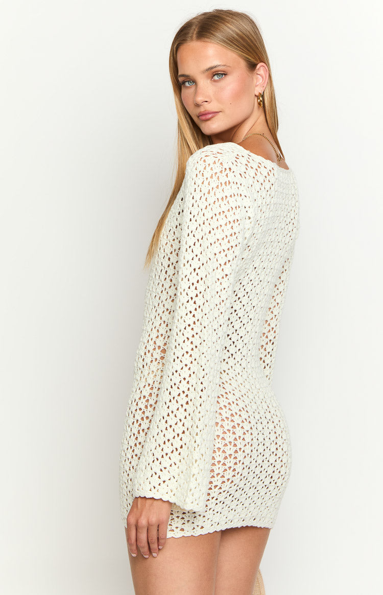 RHI Cream Crochet Long Sleeve Mini Dress - US 6 | Beginning Boutique exclusive RHI Cream Crochet Long Sleeve Mini Dress - US 6 | Beginning Boutique exclusive