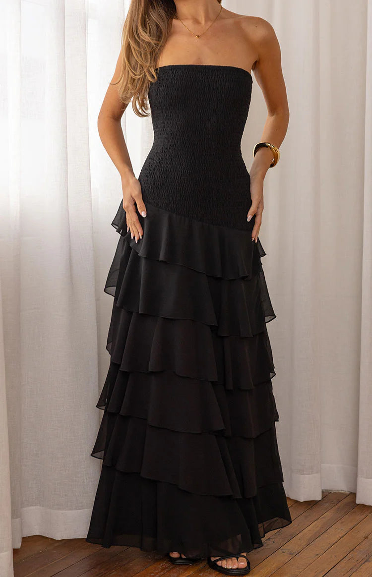 Riles Black Strapless Ruffle Maxi Dress - US 4