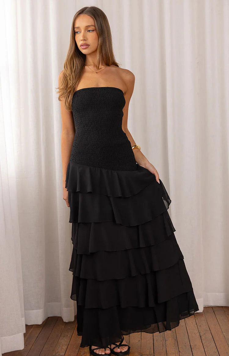 Riles Black Strapless Ruffle Maxi Dress | Beginning Boutique US Riles Black Strapless Ruffle Maxi Dress | Beginning Boutique US