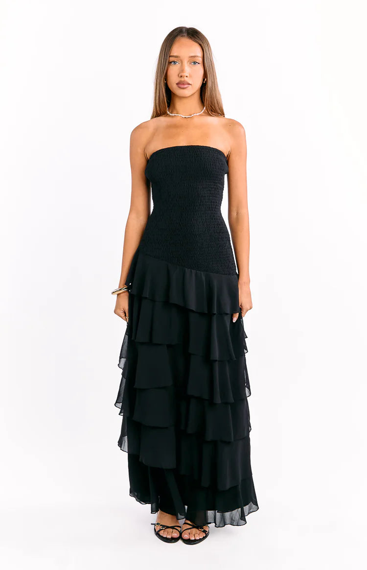Riles Black Strapless Ruffle Maxi Dress - US 4 | Beginning Boutique Exclusive Riles Black Strapless Ruffle Maxi Dress - US 4 | Beginning Boutique Exclusive