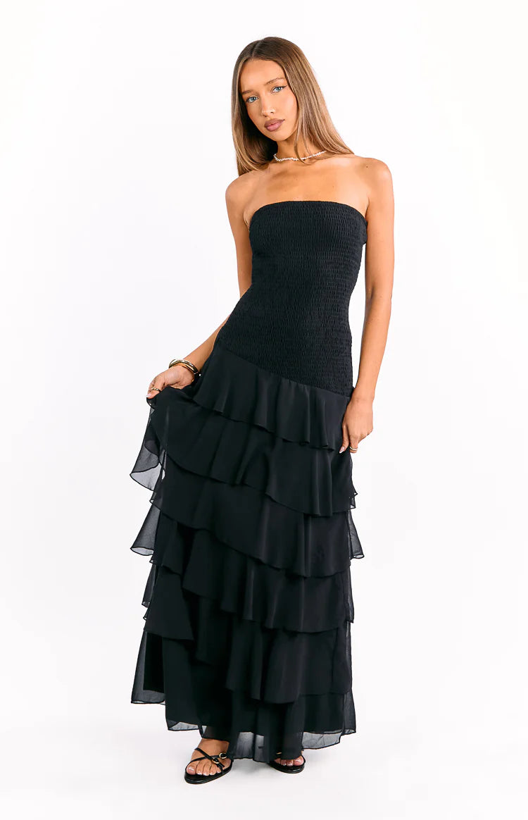 Riles Black Strapless Ruffle Maxi Dress - US 4 | Beginning Boutique exclusive Riles Black Strapless Ruffle Maxi Dress - US 4 | Beginning Boutique exclusive