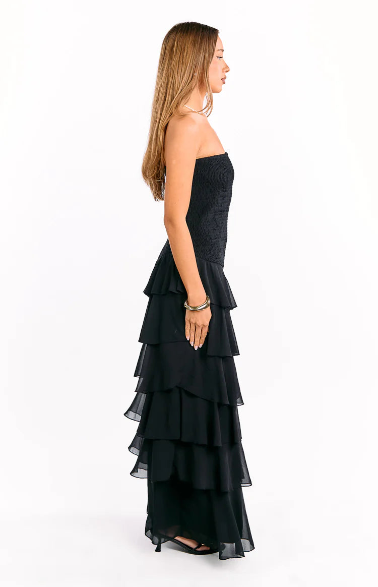 Riles Black Strapless Ruffle Maxi Dress - US 4 | Beginning Boutique Exclusive Riles Black Strapless Ruffle Maxi Dress - US 4 | Beginning Boutique Exclusive