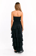 after hours black strapless ruffled maxi dress Strapless Ruched Ruffle Maxi Dress in Black