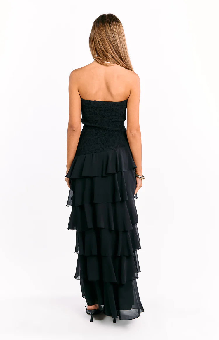 Riles Black Strapless Ruffle Maxi Dress - US 4 | Beginning Boutique Exclusive Riles Black Strapless Ruffle Maxi Dress - US 4 | Beginning Boutique Exclusive