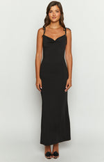 Black maxi dress featuring a draped cowl neckline, delicate tie-up spaghetti straps, and a sleek fitted silhouette