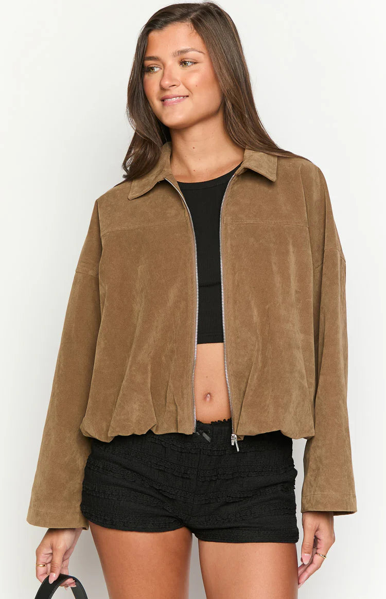 Front view of a brown suedette bomber jacket with a wide collar, long sleeves, and a gathered bubble hem