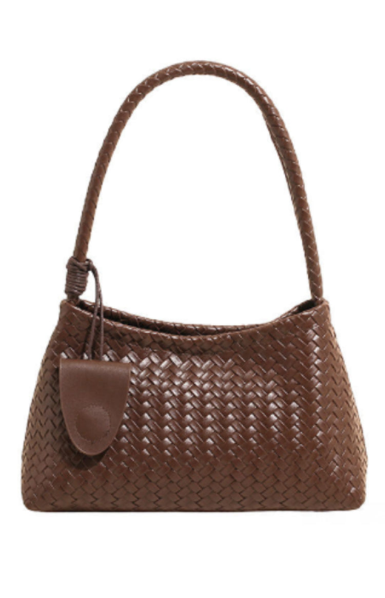 Beginning Boutique Rocco Brown Woven PU Bag brown woven PU shoulder bag with a braided handle and small decorative flap