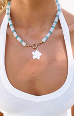 Roche Blue Beaded Flower Charm Necklace