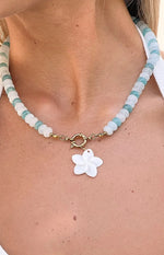 Roche Blue Beaded Flower Charm Necklace