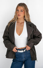 Rochelle PU Chocolate Brown Oversized Biker Jacket Image