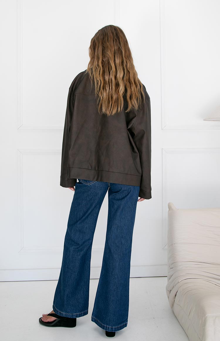 Rochelle PU Chocolate Brown Oversized Biker Jacket Image