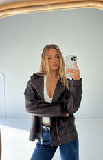 Rochelle PU Chocolate Brown Oversized Biker Jacket Image