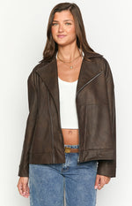 Rochelle PU Chocolate Brown Oversized Biker Jacket Image