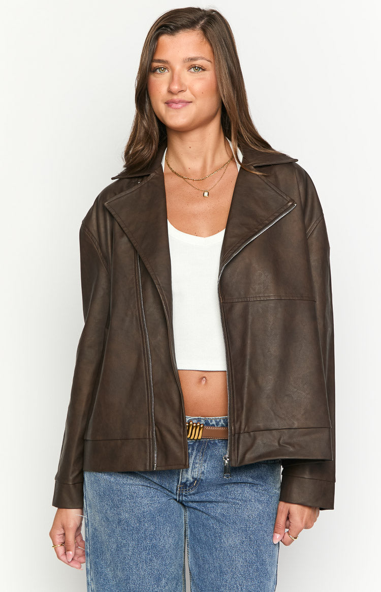 Rochelle PU Chocolate Brown Oversized Biker Jacket Image
