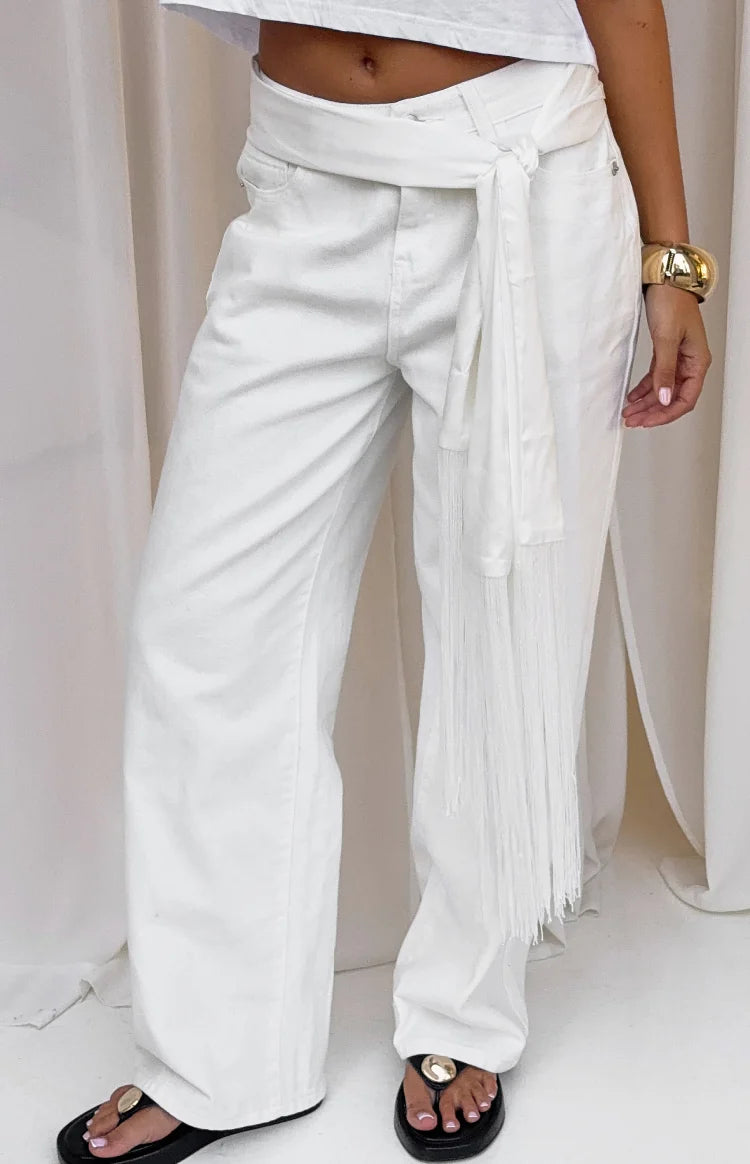 Roisin White Satin Fringe Scarf Belt