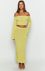 Front view of a yellow textured knit maxi skirt with a high waist and a straight, bodycon silhouette