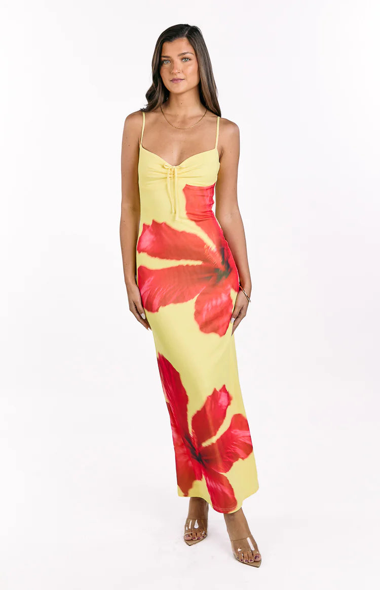 yellow dress with red flowers Farm Rio Light Yellow Poppy Flowers Sleeveless Maxi Dress