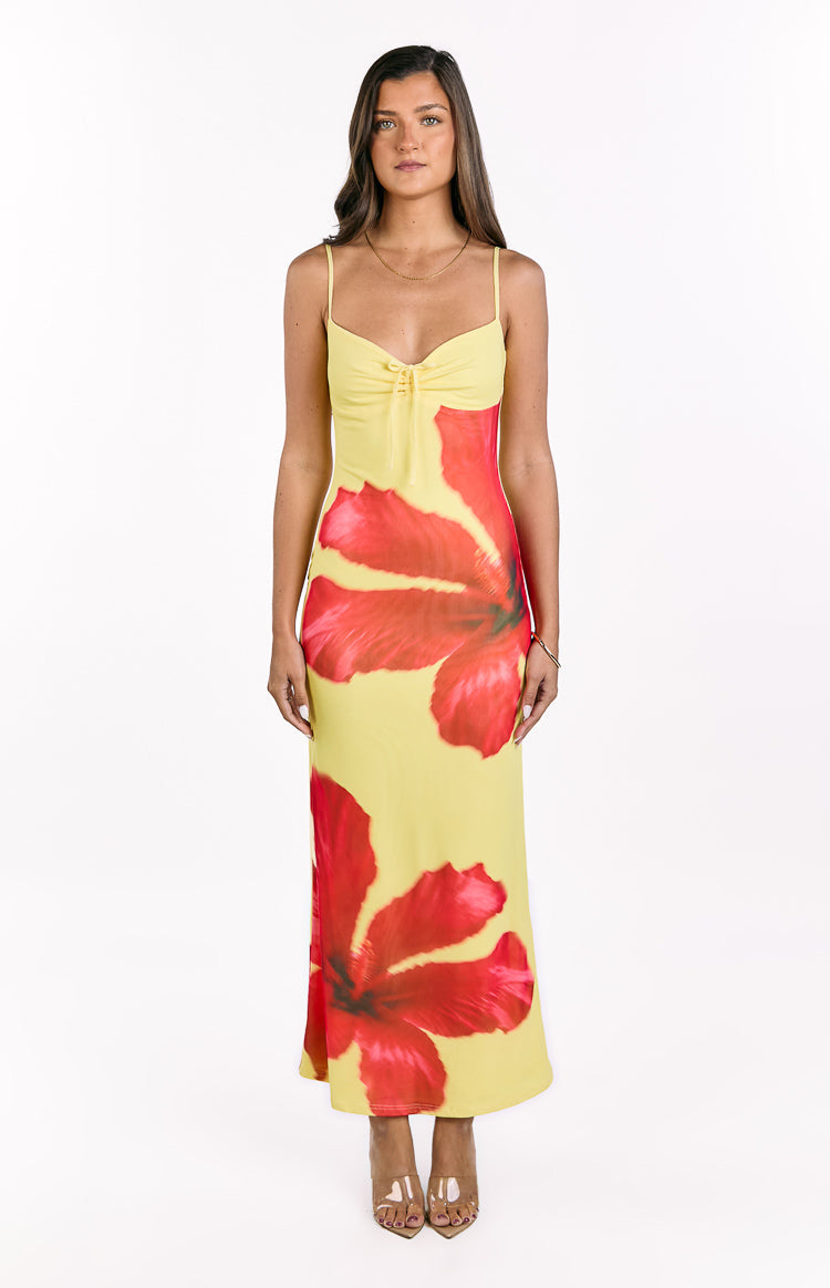 Rosalyn Yellow Hibiscus Print Maxi Dress | Beginning Boutique US