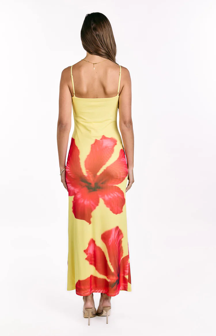 Rosalyn Yellow Hibiscus Print Maxi Dress - US 6