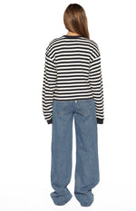 Rear view of mid wash jeans with classic back patch pockets and a relaxed wide-leg fit