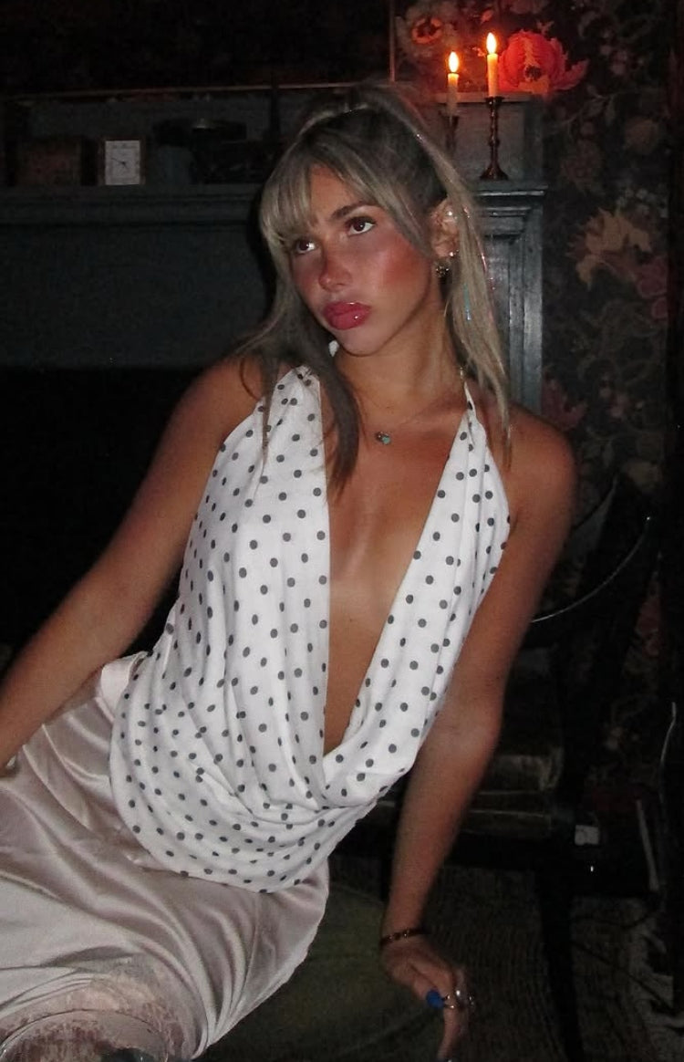 Beginning Boutique Rozie White Polka Dot Mesh Top white mesh halter cowl neck top with black polka dots