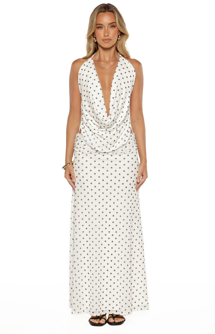 Rozie White Polka Dot Mesh Maxi Skirt