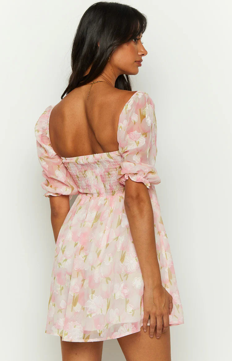 floral mini dress with sleeves Rubi Pink Floral Babydoll Mini Dress - US 6