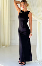 Black crepe maxi dress with a high boat neck and a fitted bodice flowing to a straight skirt