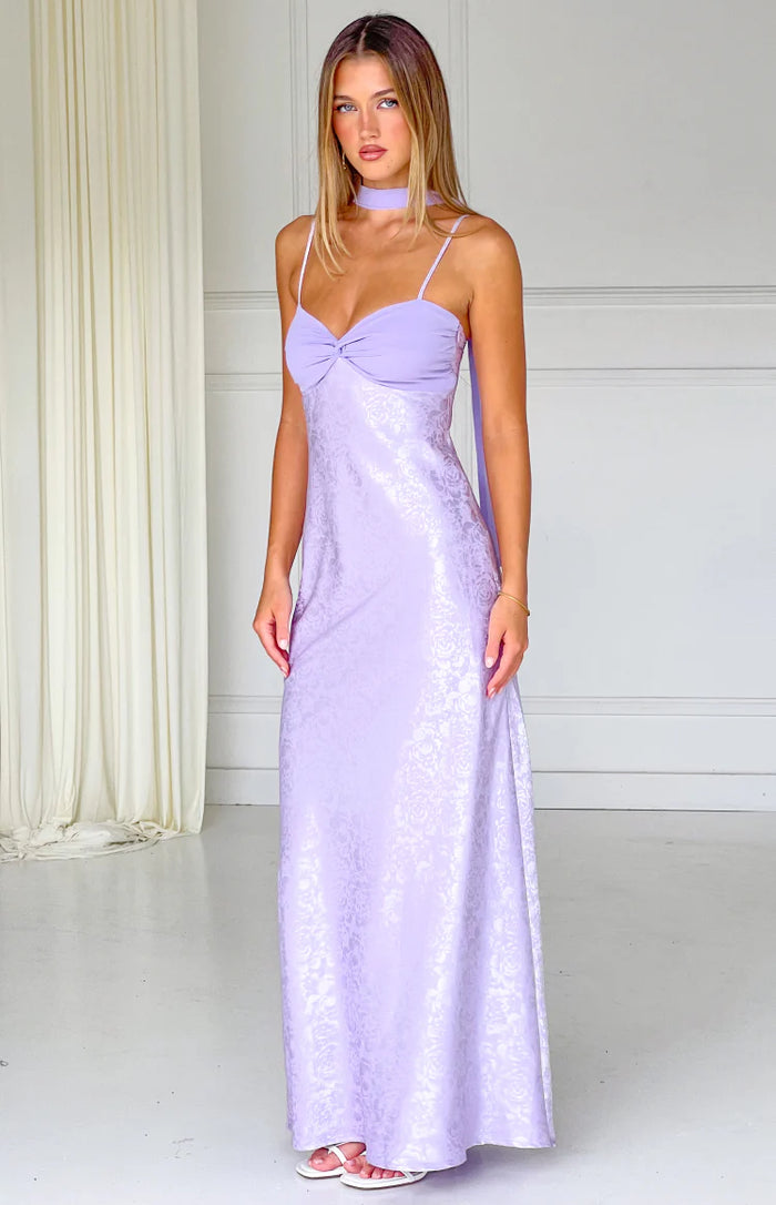 Ruthie Lilac Floral Satin Scarf Maxi Dress - US 6