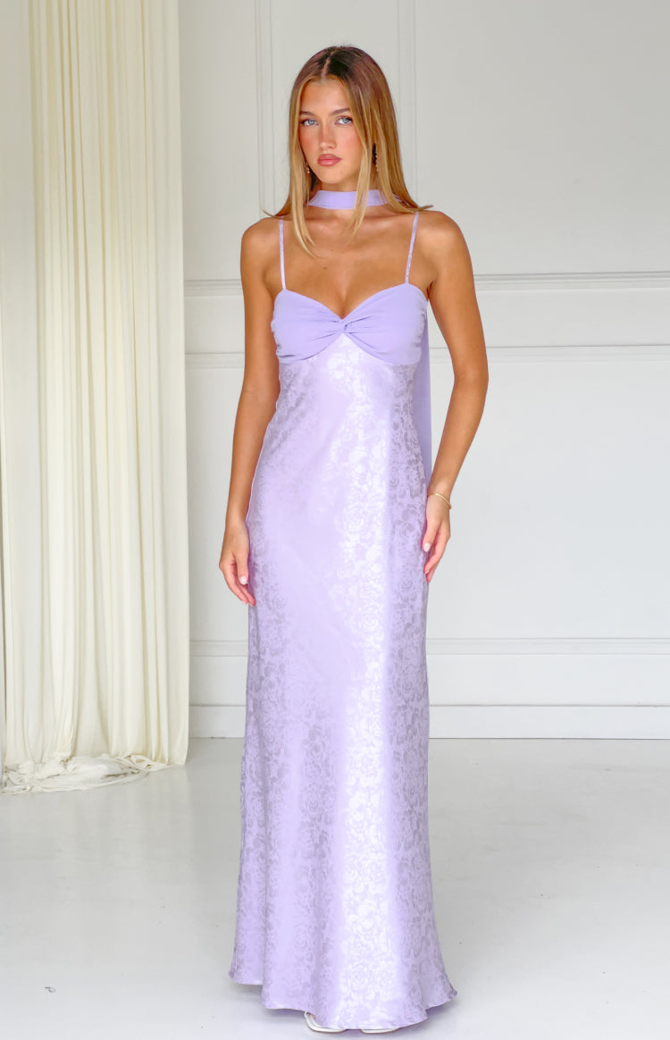新品タグ付き✨カレンミレン Satin Waterfall Maxi Dress Ruthie Lilac Floral Satin Scarf Maxi Dress | Beginning Boutique US